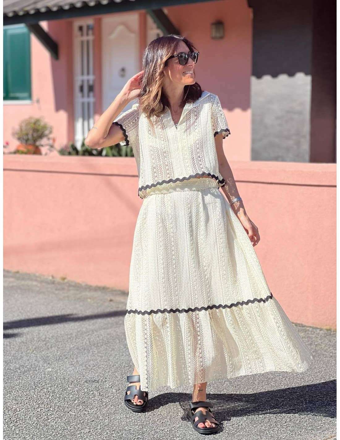 Comfortable shirt collar lace long skirt set