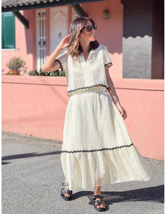 Comfortable shirt collar lace long skirt set