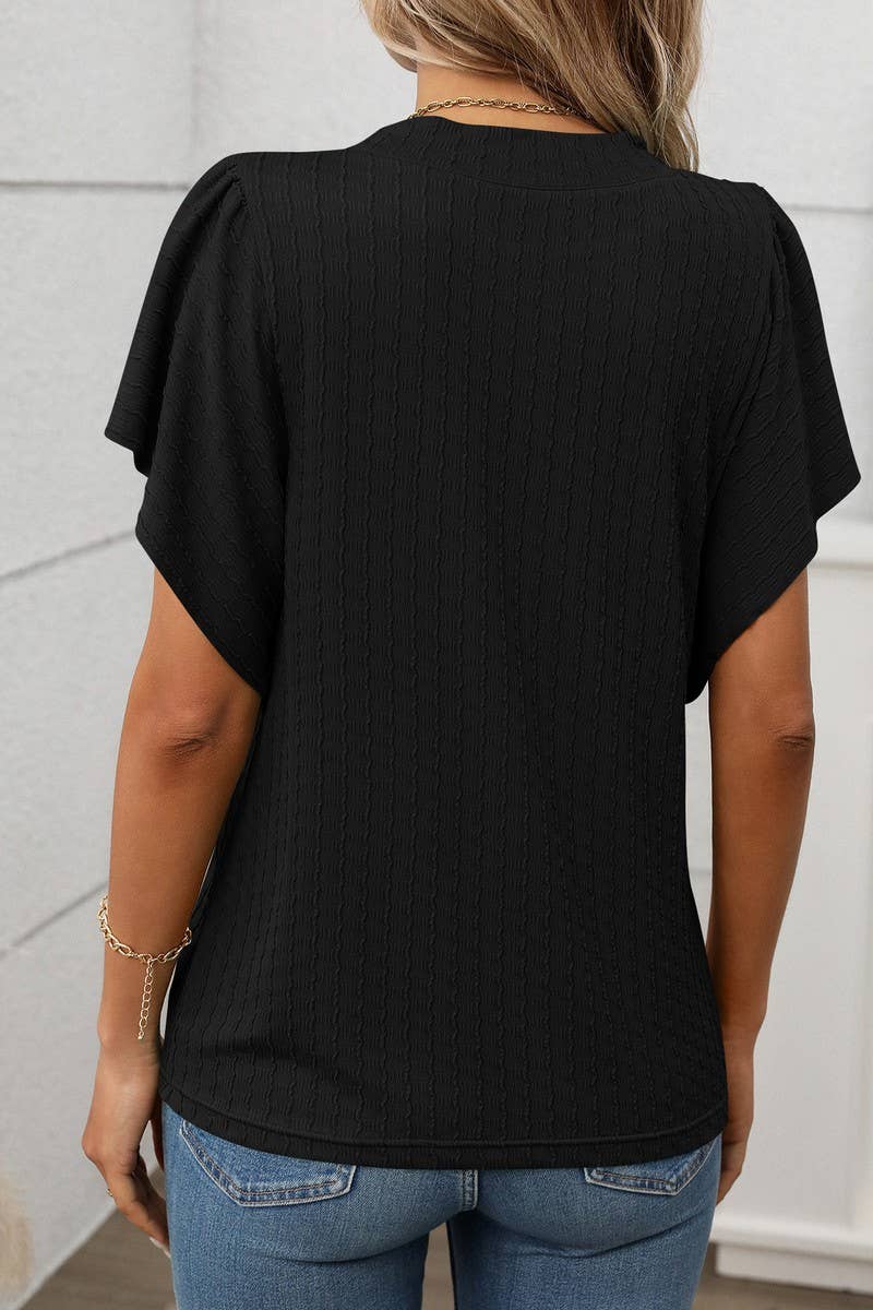 CWTBLS1718_SOLID COLOR ROUND NECK RUFFLE SLEEVE TOP