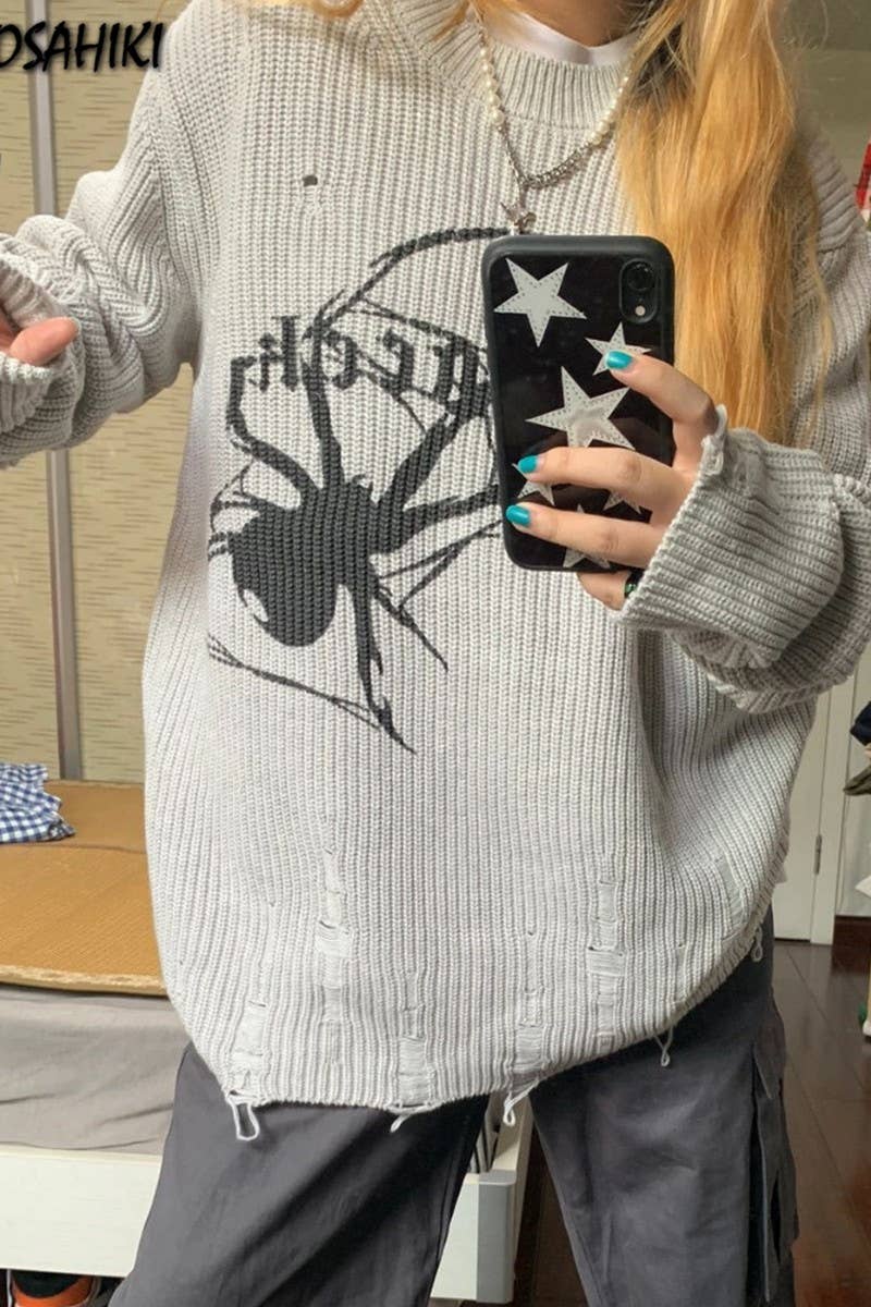 CWOSWL5746_PRINTED LONG SLEEVE CASUAL RIPPED KNIT SWEATER