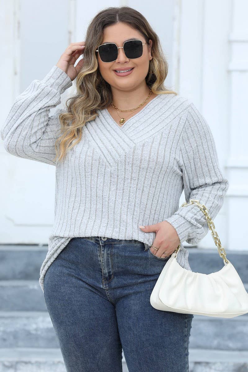 CWTTL1311_PLUS Size V-Neck Long Sleeve Pullover Top
