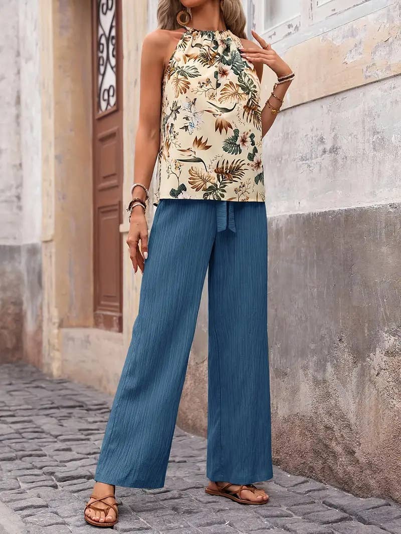 A halter ethnic-style printed top trousers set