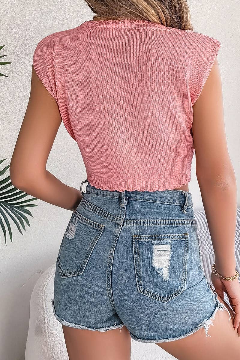 CWOV0286_KNITTED HOLLOW LEAF CROP HOLIDAY VEST TOP