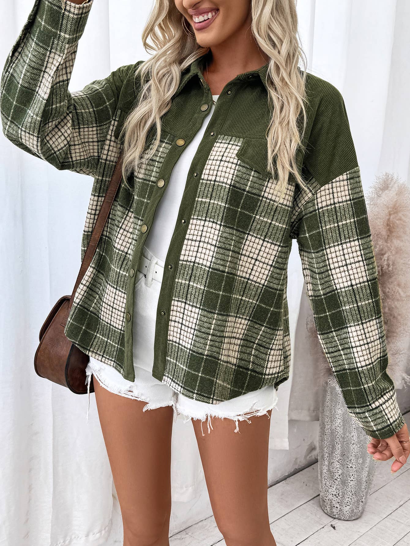 Checkered color-blocked corduroy coat