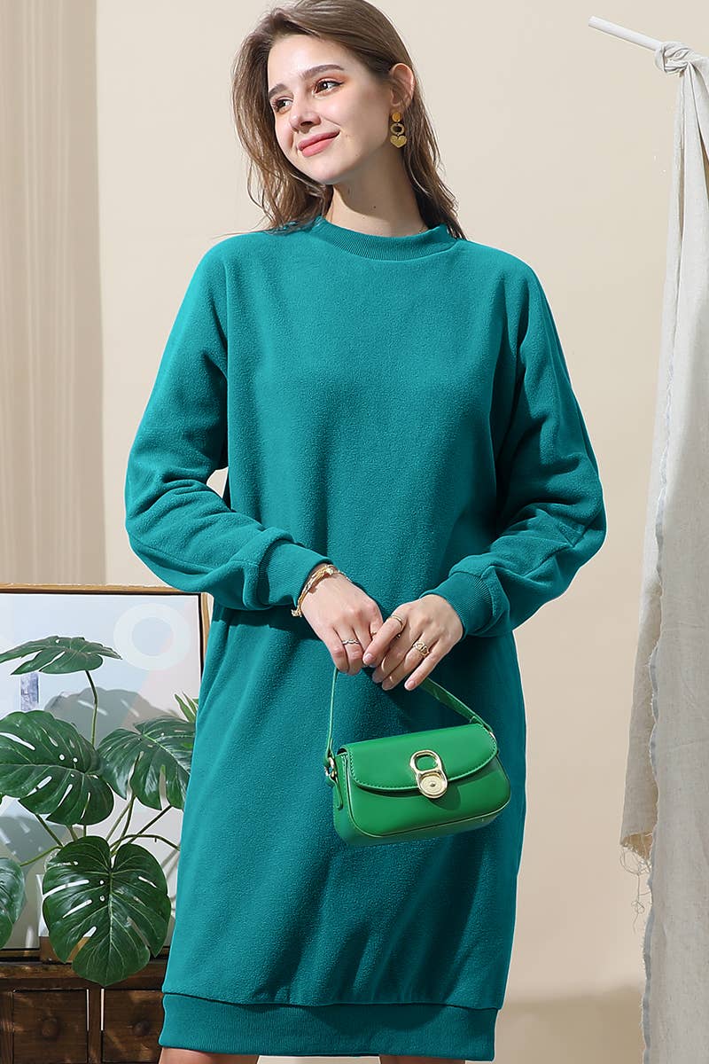 CWDMD793-P_R NECK FLEECE PULLOVER DRESS WITH SIDE POCKETS