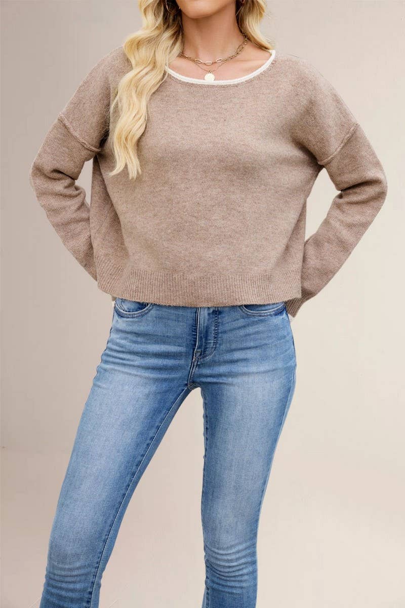 CWOSWL7019_ROUND NECK COLORBLOCK LOOSE PULLOVER SWEATER
