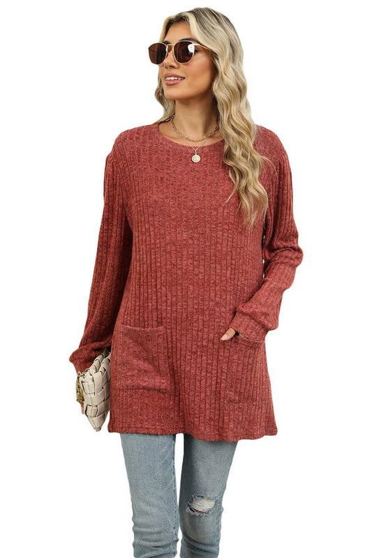 CWTBLL1118_CASUAL ROUND NECK POCKET PUFF SLEEVE LOOSE TOP