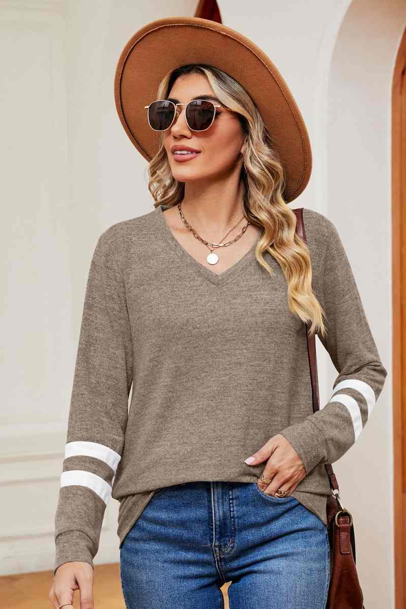 CWOSWL6552_V-NECK LONG SLEEVE STRIPED COLOR MATCHING TOP