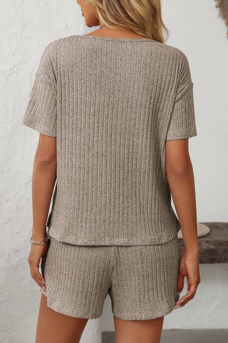 CWSTB1663_SOLID COLOR STRIPED SHORT-SLEEVED HOME WEAR SUIT