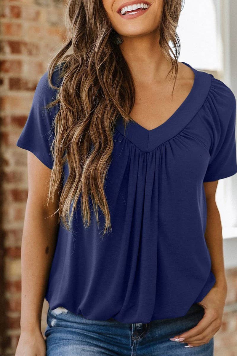 CWTBLS2255_V-NECK RUCHED LOOSE FIT COTTON T-SHIRT