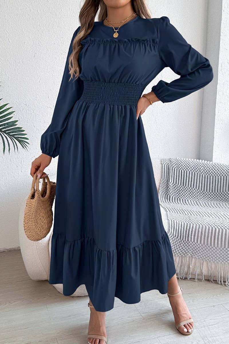 CWDMD6024_SOLID ELEGANT RUFFLE WAIST PLEATED MAXI DRESS