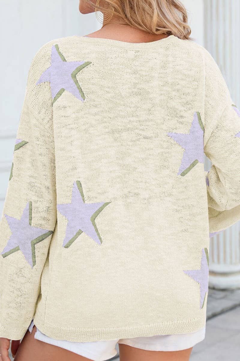 CWOSWL5205_FALL CREW NECK KNITTED STAR LONG SLEEVE SWEATER
