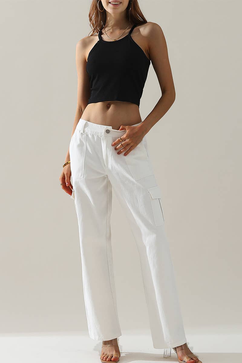 CWBLP421_Cargo Cotton Pants Wide Leg Casual Pants 4 Pockets