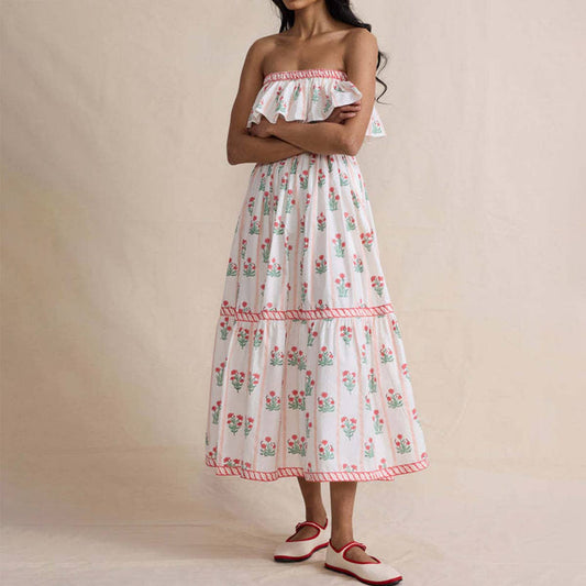 Elegant plant-printed wood ear dress