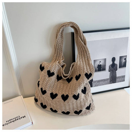 CWAB4569_HEART PATTERN KNITTED LARGE CAPACITY TOTE BAG