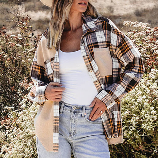 FASHION TREND PLAID COLOR CONTRAST SHIRT COAT