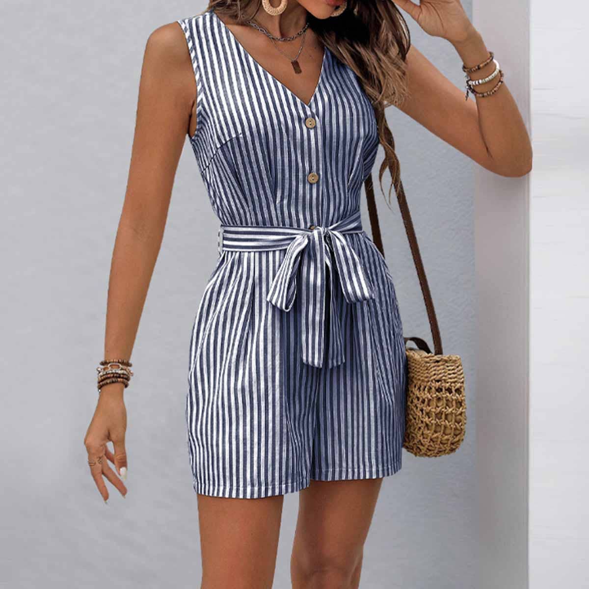 Design sense V-neck sleeveless striped romper