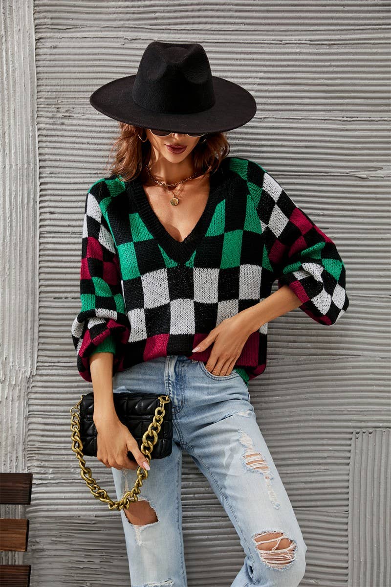 CWOSWL3174_V-NECK PLAID CONTRAST KNITTED PULLOVER SWEATER