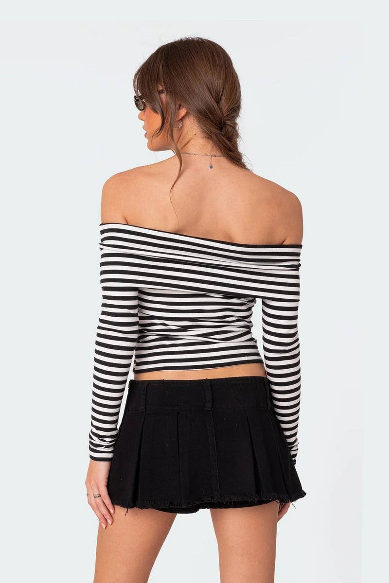CWTBLL3949_COLORBLOCK OFF SHOULDER SLIM FIT LONG SLEEVE TEE