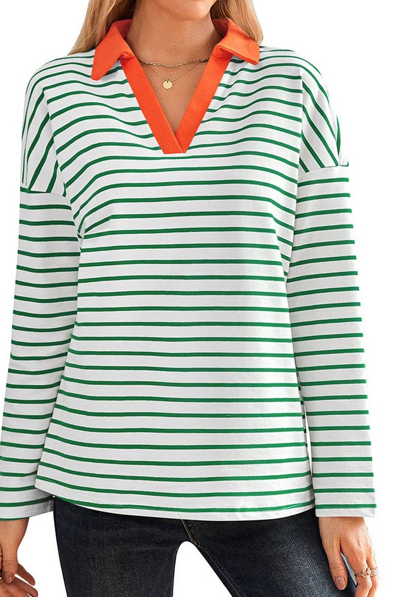 CWTBLL3674_STRIPED V-NECK LOOSE LAPEL SWEATSHIRT TOP