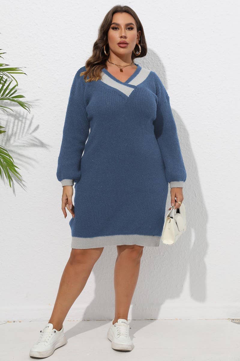 CWOSWL1592_PLUS Size V-Neck Long Sleeve Pullover Sweater