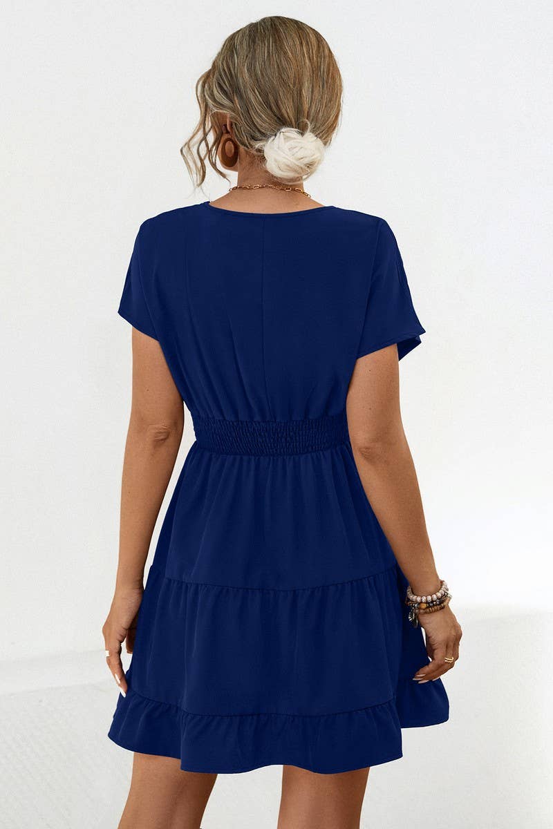 CWDSD4949_CASUAL V-NECK SOLID COLOR SHORT DRESS