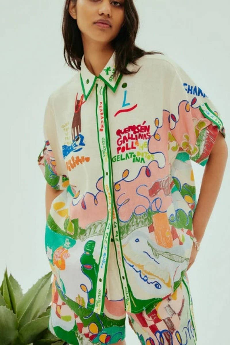 CWSS1237_CASUAL PRINTED SHIRT SHORTS TWO-PIECE SET