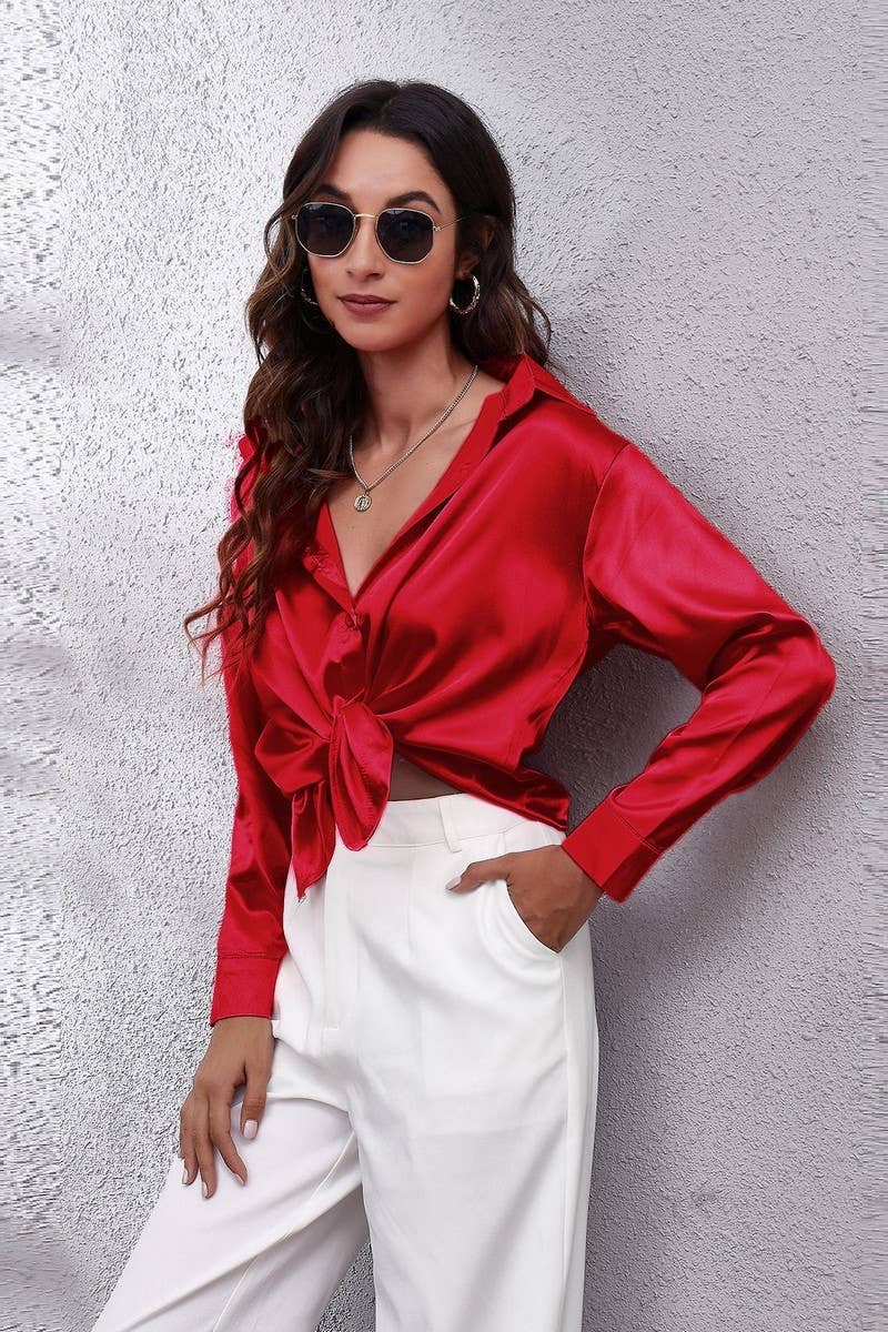 CWTBLL0691_Button Down Silky Satin Long Sleeve Top