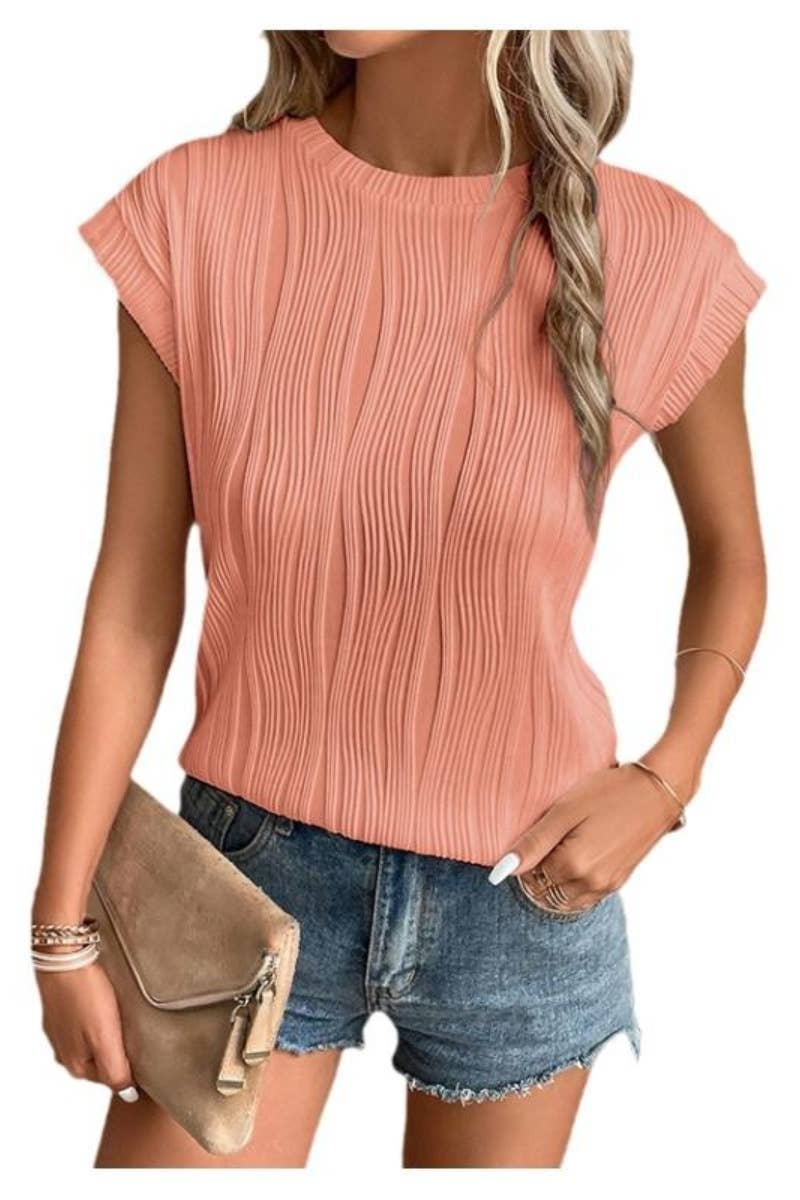 CWTBLSL0480_SUMMER SOLID COLOR CREW NECK SHORT SLEEVE TOP