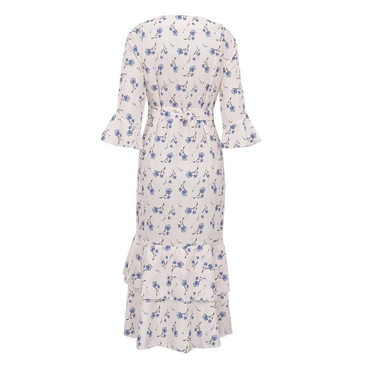 ASYMMETRICAL DESIGN V-NECK FLARED SLEEVE DRESS_CWDMD01096