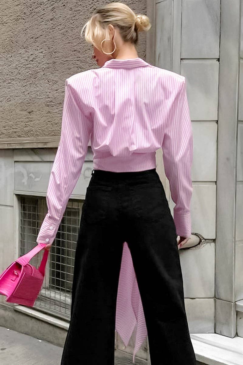 CWTBLL00576_TIE-WAIST STRIPED LONG-SLEEVED SHIRT TOP