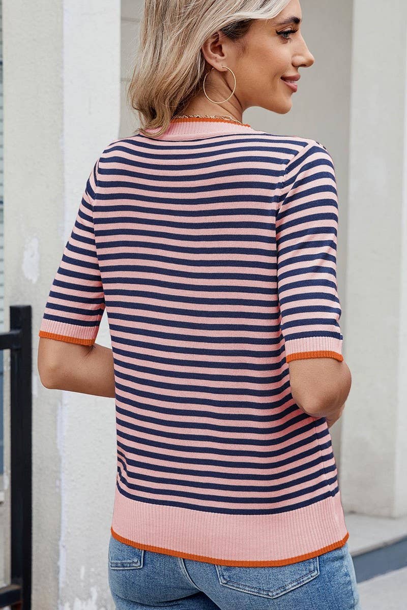 CWTBLS02495_STRIPED KNITTED ICE SILK SHORT-SLEEVED TOP