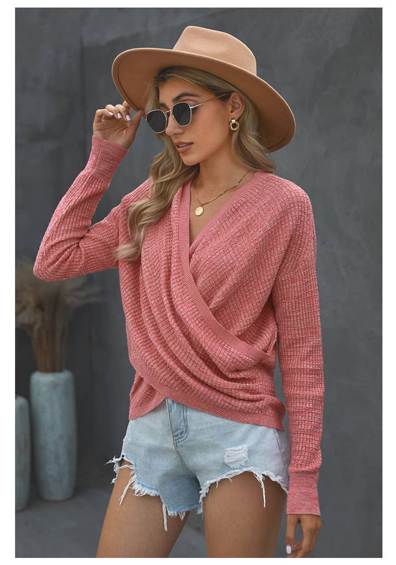 CROSSED V-NECK SOLID COLOR LONG-SLEEVED SWEATER
