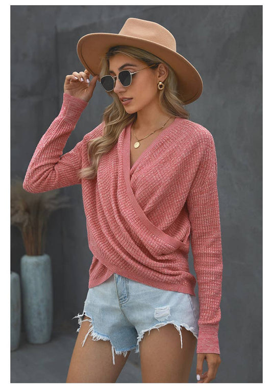 CROSSED V-NECK SOLID COLOR LONG-SLEEVED SWEATER