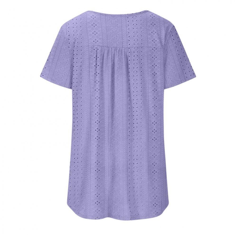 Crew-neck pleated button solid color ripped shirt