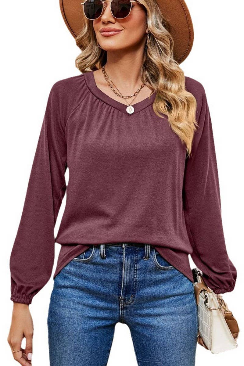 CWTBLL2370_LONG SLEEVE V NECK PLEATED LOOSE PULLOVER