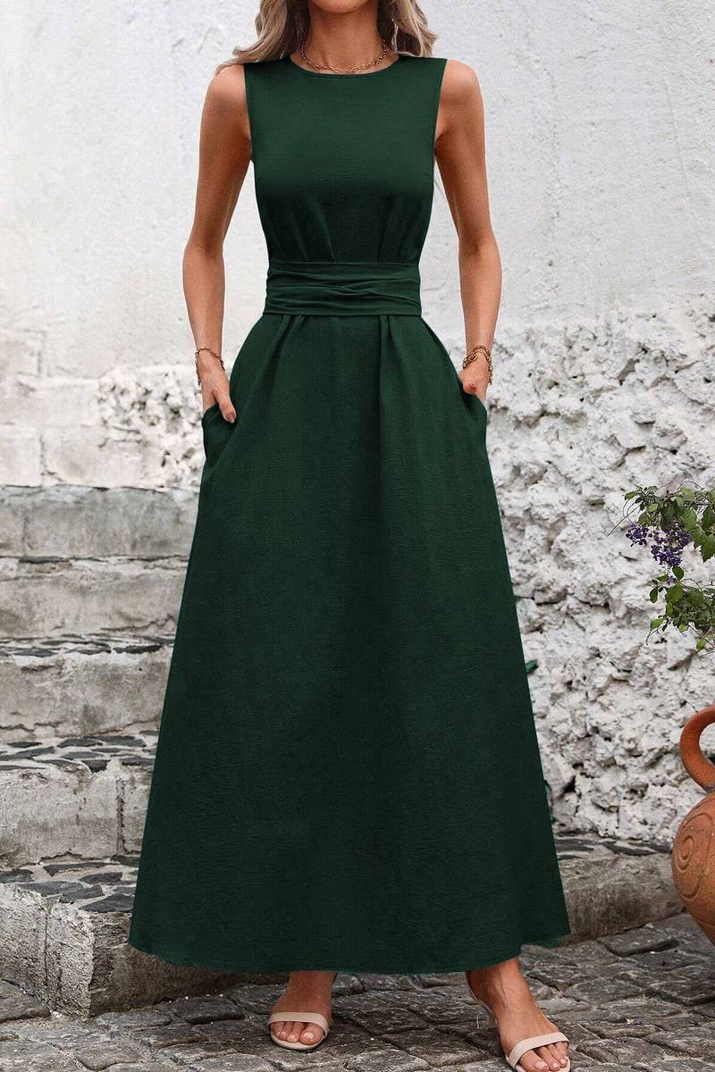 CWDMD5873_SOLID SLEEVELESS TIE WAIST CASUAL TANK DRESS