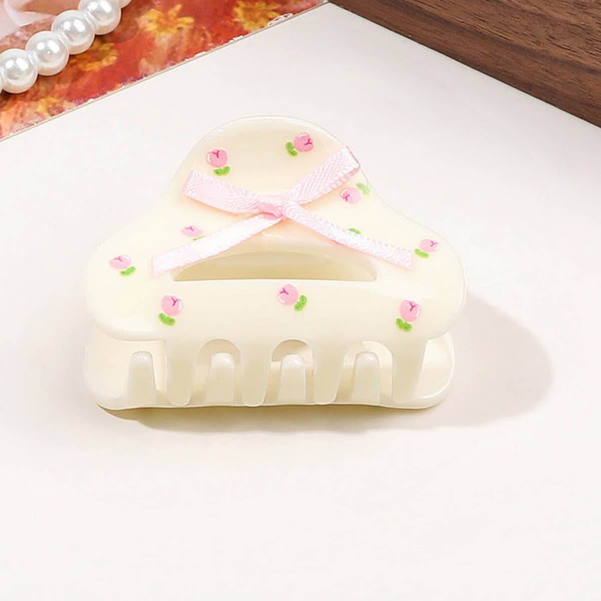 Floral Butterfly Hair Claw - Cream Print Clip