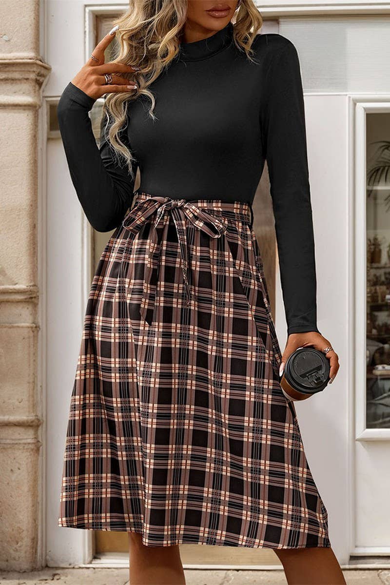 CWBMS0180_AB PATCHWORK STAND COLLAR SLIM FIT PLAID DRESS