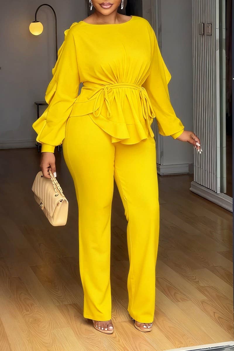 CWSTB00491_2025 ELEGANT RUFFLE DRAWSTRING TOP AND PANTS SET