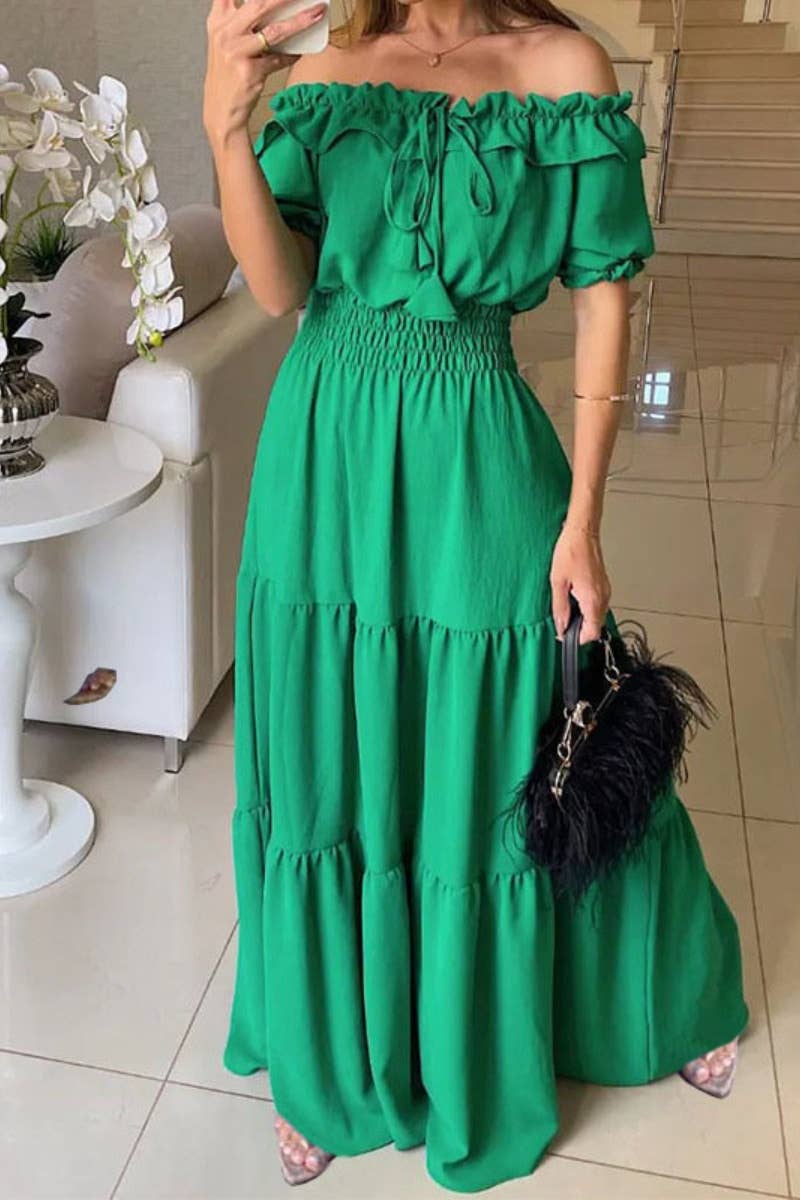 CWDMD1904_V-NECK, SHORT-SLEEVED BOHEMIAN DRESS WITH WAIST