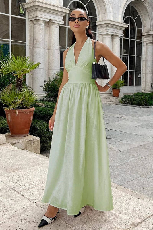 CWDMD6081_SOLID V NECK TIE WAIST FLOWY MAXI DRESS