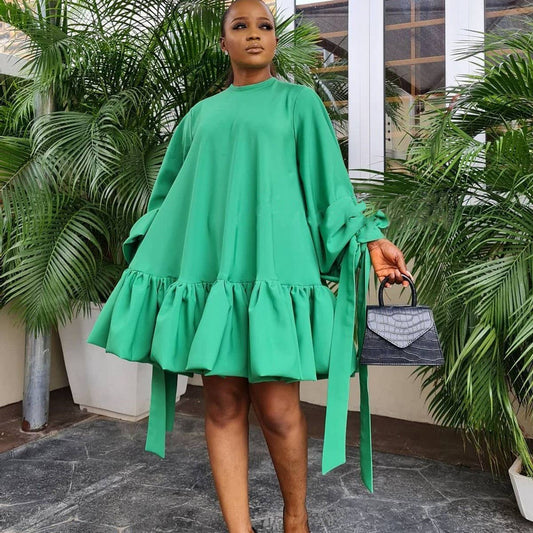LOOSE SOLID COLOR PUFF SLEEVES PLUS SIZE DRESS