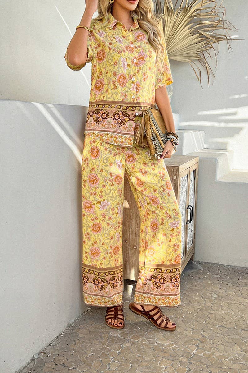 CWSS1190_CONTRAST COLOR PRINT SHORT SLEEVE LONG PANTS SUIT