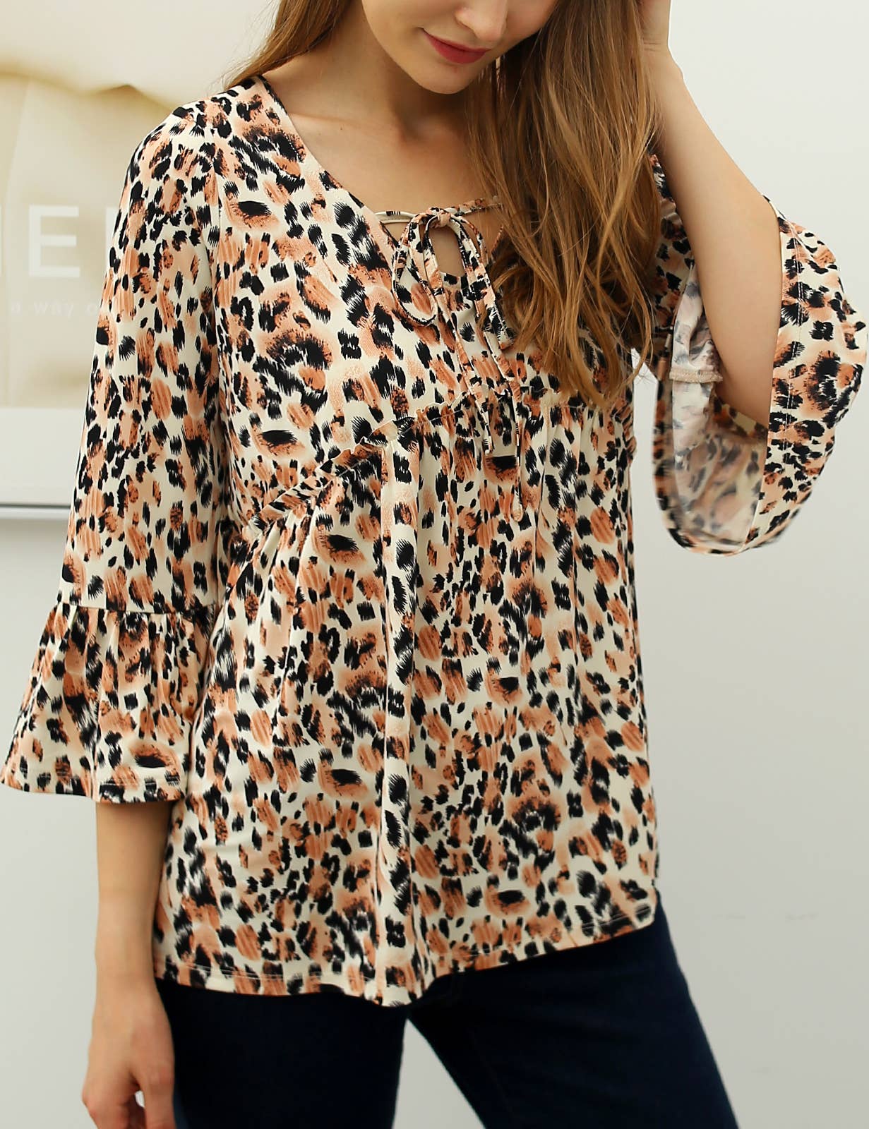 CWTTL1401_3/4 SLEEVE WITH NECK STRING DETAILED TOP