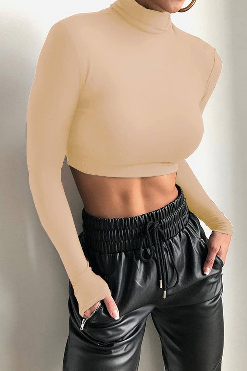 CWTBLL3772_SLIM FIT NAVEL BARING LONG SLEEVE TURTLENECK TOP