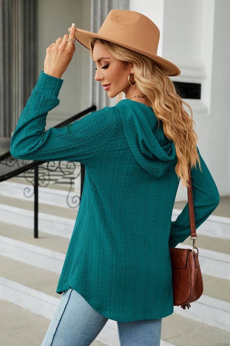 CWTBLL2794_FALL V-NECK HOODED LONG-SLEEVED KNIT TOP