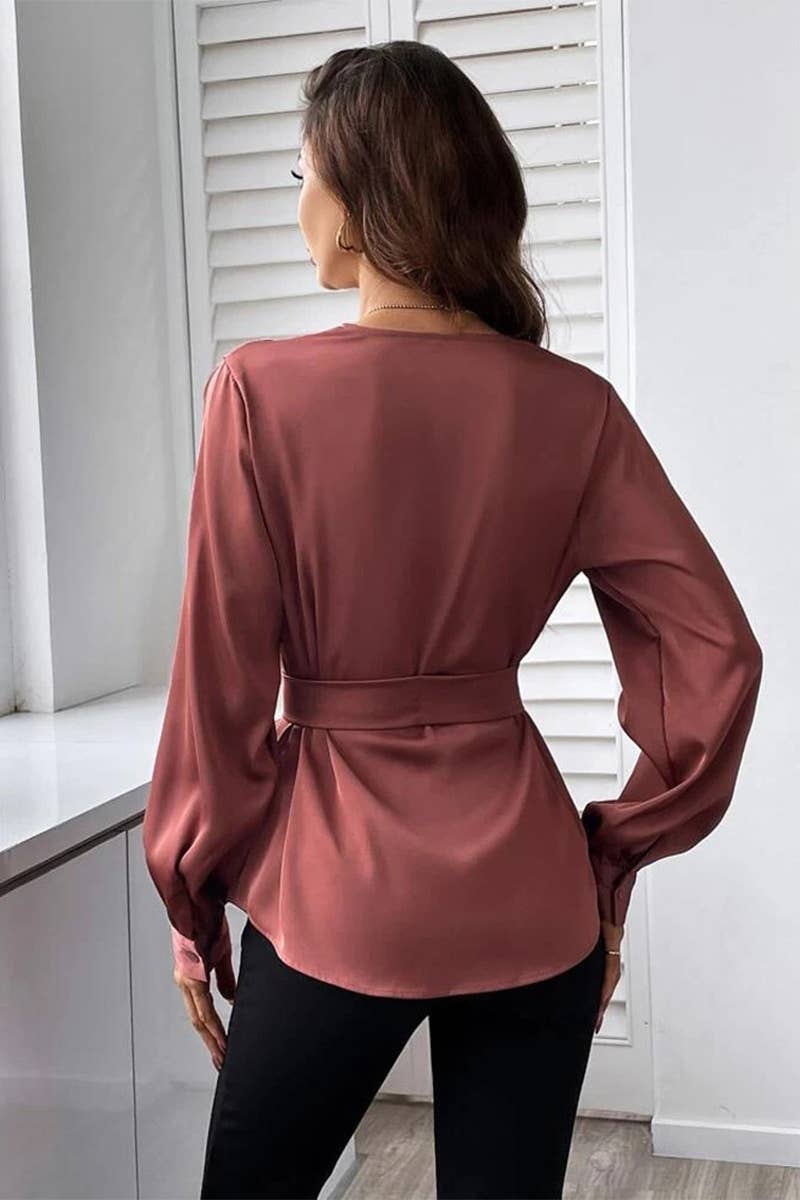 CWTBLL3934_V-NECK SOLID COLOR DRAWSTRING ASYMMETRIC HEM SHIR