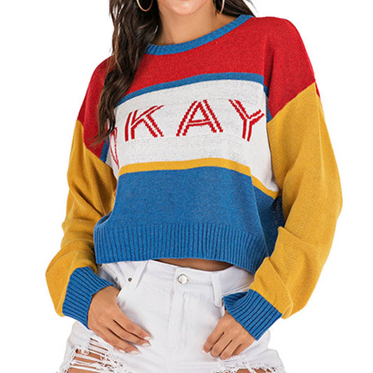 COLOR-MATCHING STRIPED LOOSE CREW NECK SWEATER