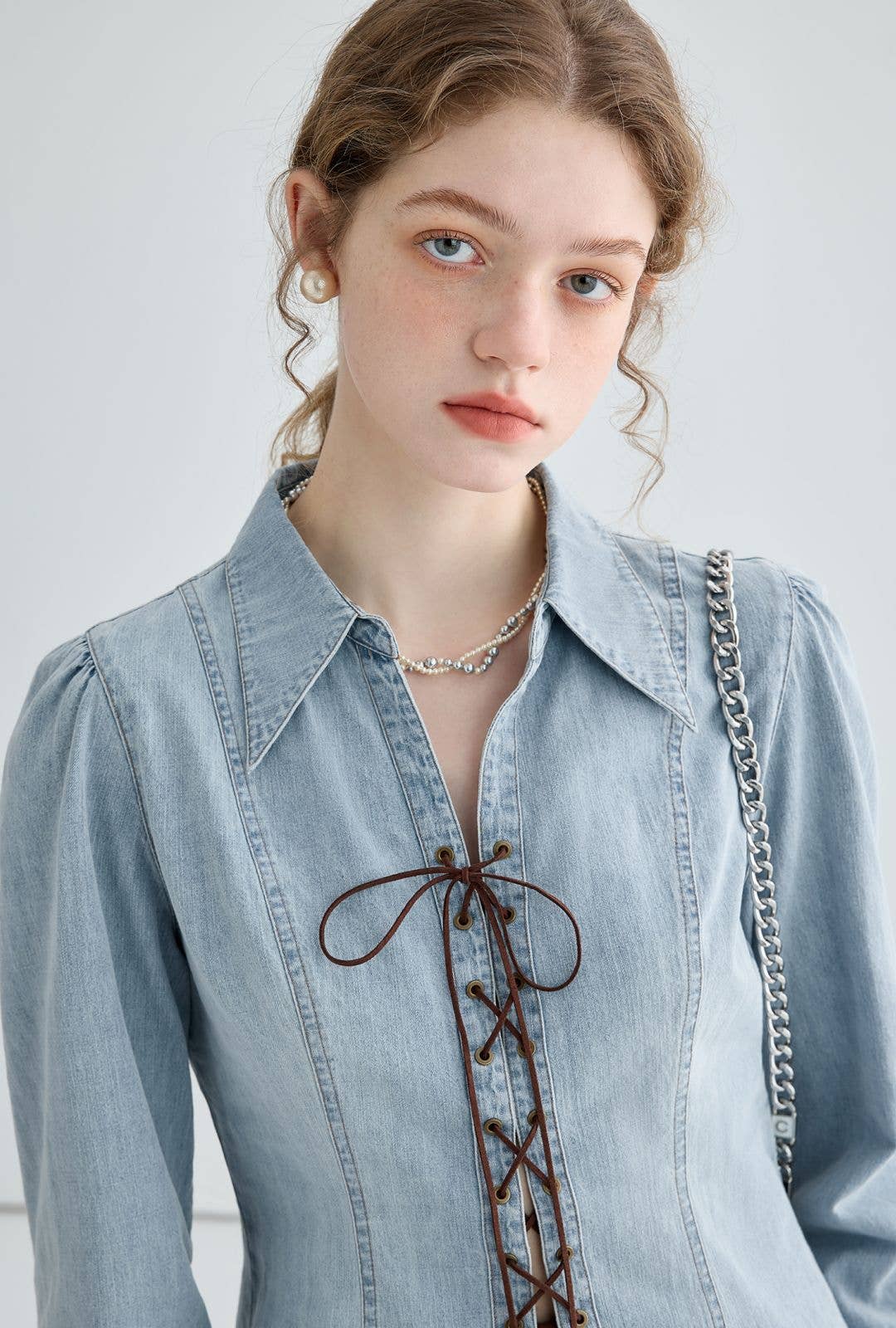 Cross-tied spicy girl style denim shirt